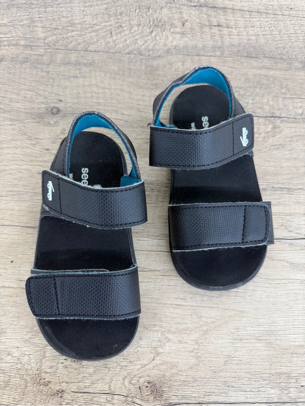 See Kai Run Black Kids' Hook-and-Loop Sandals with Teal Lining